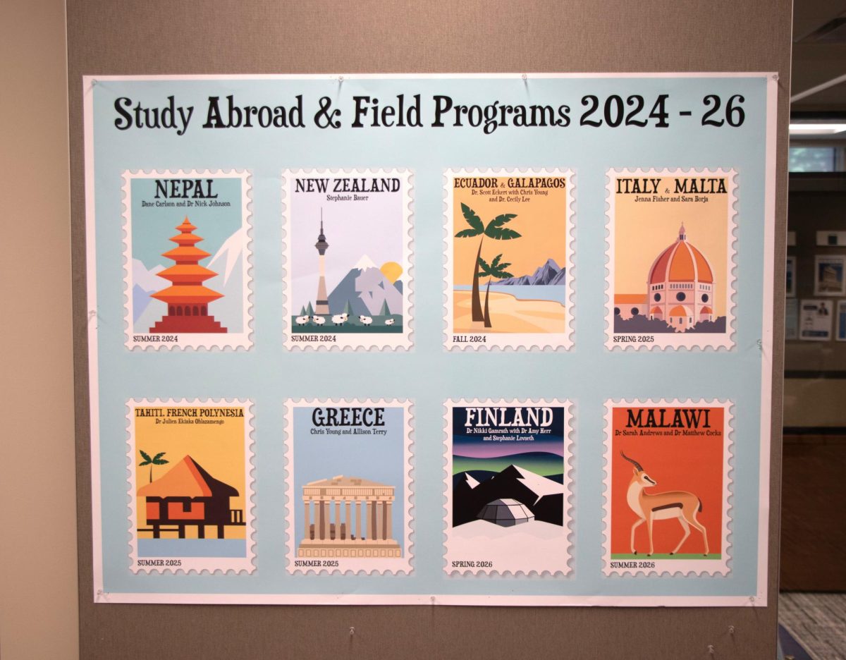 Display of 2024-2026 Study Abroad Programs outside Principia’s Abroad Office.