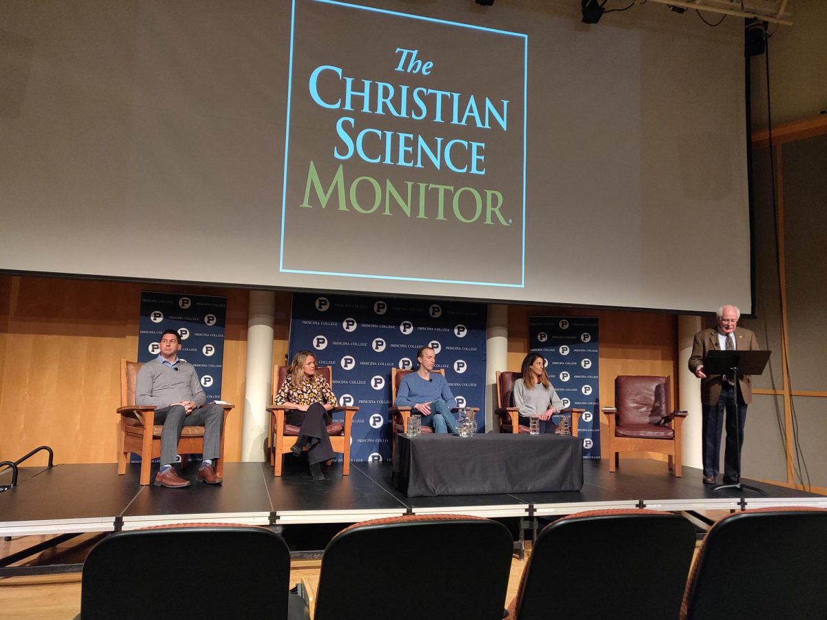 President John Williams moderates the 2022 Monitor Night Live. President George Moffett had the idea to begin the event in 1997. Since then, the College and The Christian Science Monitor have had an ongoing relationship. Staff photo